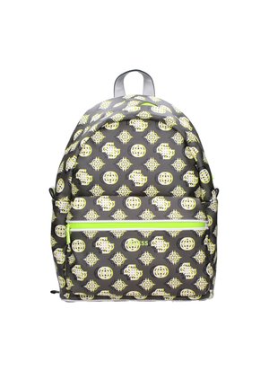 Zaino nero con un motivo ripetuto giallo e bianco, dotato di una tasca anteriore con zip contornata in verde. Tessuto resistente con una forma arrotondata.
