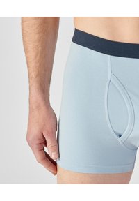 Boxer shorts in cotone di un azzurro chiaro con una cintura elastica scura. Il lato presenta un'apertura a tasca arrotondata e un orlo cucito sulla gamba.
