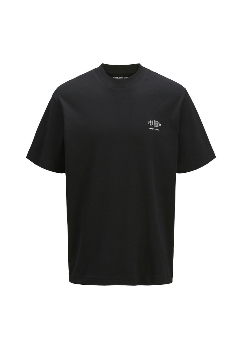 Black cotton T-shirt with a relaxed fit, short sleeves, and a round neckline; features a small white logo on the left chest.