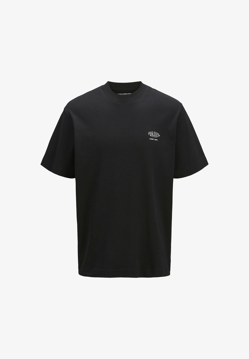 Black cotton T-shirt with a relaxed fit, short sleeves, and a round neckline; features a small white logo on the left chest.