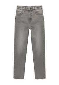 Jeans gris taille haute à jambes droites avec bouton frontal, fermeture éclair, passants pour ceinture et design à cinq poches.