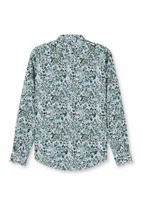 Langärmeliges Hemd mit einem Blumenmuster in Grün-, Blau- und Gelbtönen auf hellblauem Hintergrund, mit klassischem Kragen und geknöpften Manschetten.