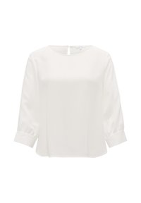 Blouse blanche à manches longues avec un col rond, en tissu texturé et avec des manches froncées. Dispose d'une ouverture en forme de clé à l'arrière pour la fermeture.