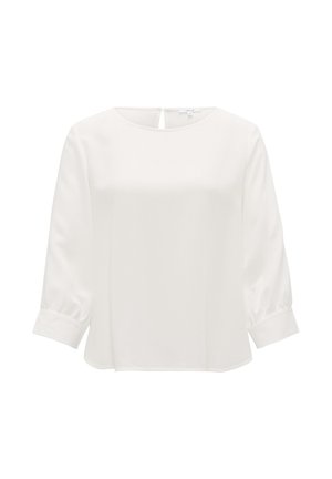 Witte blouse met lange mouwen en een ronde halslijn, gemaakt van textuurstof met geplooide mouwen. Voorzien van een sleutelgatopening aan de achterkant voor sluiting.