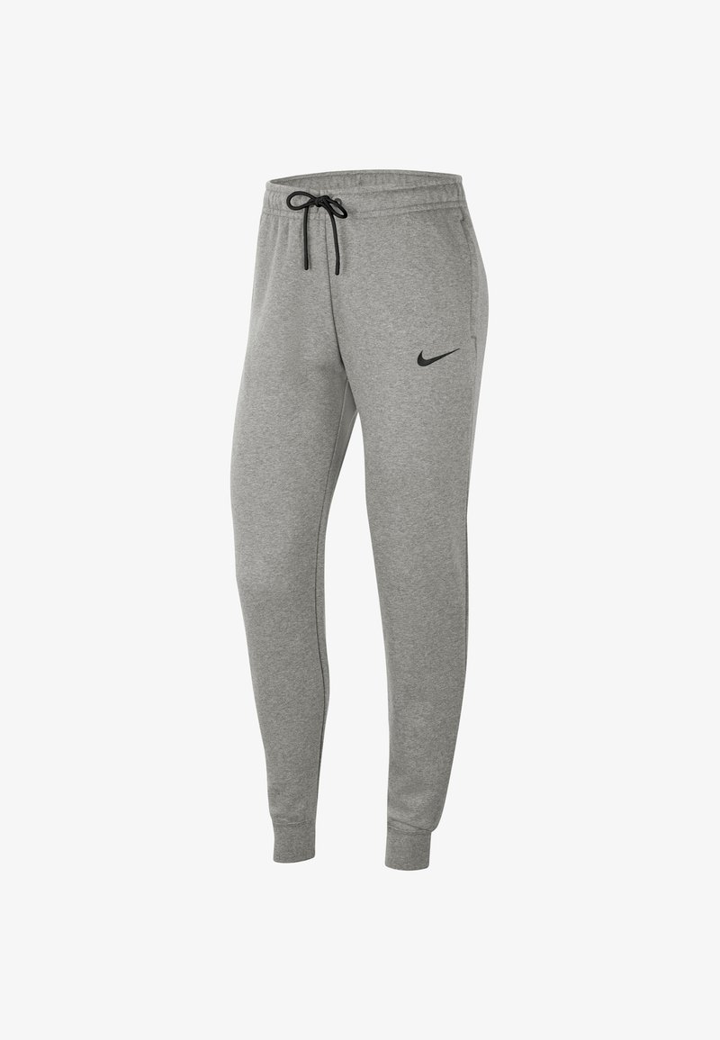 Graue Sweatpants aus weichem Material, mit einem elastischen Bund und schwarzem Kordelzug sowie einem schwarzen Nike-Logo am linken Oberschenkel.