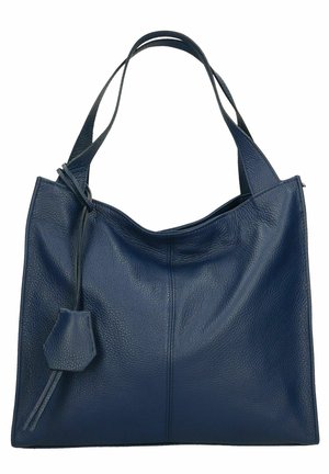 Marineblauwe leren totebag met een gladde, textuur geverfde afwerking. Heeft twee schouderbanden en een kleine bijgevoegde pouch. Eenvoudig, onopgesmukt ontwerp.