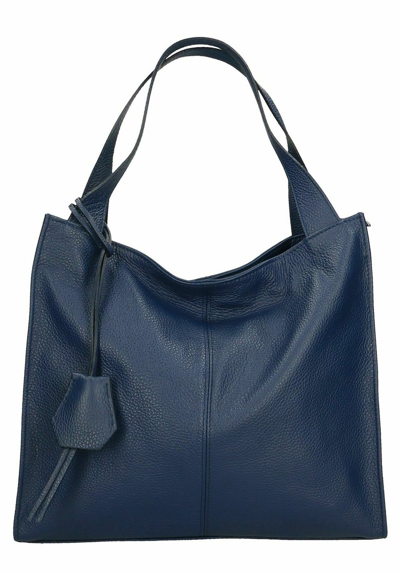 Marineblauwe leren totebag met een gladde, textuur geverfde afwerking. Heeft twee schouderbanden en een kleine bijgevoegde pouch. Eenvoudig, onopgesmukt ontwerp.