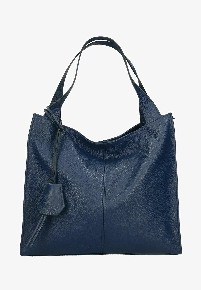 Marineblauwe leren totebag met een gladde, textuur geverfde afwerking. Heeft twee schouderbanden en een kleine bijgevoegde pouch. Eenvoudig, onopgesmukt ontwerp.