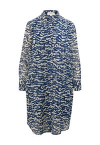 Robe boutonnée à manches longues avec un imprimé animal abstrait bleu et blanc et un col pointu, réalisée en tissu léger semi-transparent.