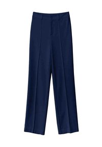 Pantalons larges bleu marine en tissu lisse avec un pli avant et une fermeture à bouton à la taille.