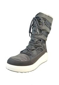 Szare buty wodoodporne z teksturowanej tkaniny, białą gumową podeszwą i sznurówkami w czarno-białe paski. Mają futrzaną wyściółkę przy kołnierzu.