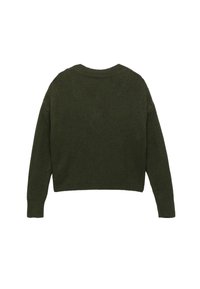 Ciemnozielony skrócony sweter o strukturze ryżowej, z okrągłym dekoltem i długimi rękawami. Prosty design, brak widocznych wzorów lub detali metalowych.