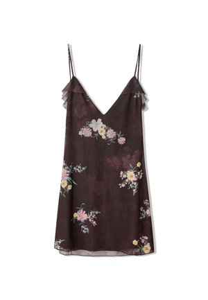 Mørkebrun ærmeløs kjole med tynde stropper og pink, hvide og gule blomsterprint spredt over stoffet.