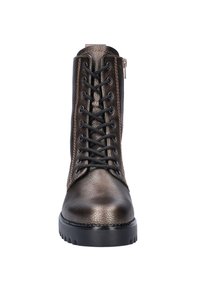 Zwarte en bronzen leren enkelbootjes met een gestructureerde afwerking, voorzien van ronde neuzen, een vetersluiting aan de voorkant en een ritssluiting aan de zijkant voor eenvoudig aan- en uittrekken.