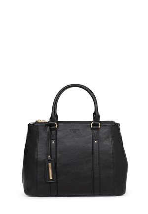 Zwarte leren handtas met dubbele handvatten, gouden beslag en een klein aangehecht label, afgebeeld tegen een witte achtergrond.