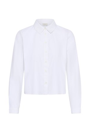 Witte lange mouwen blouse met knopen, klassieke kraag, rechte zoom en een effen voorkant op een witte achtergrond.
