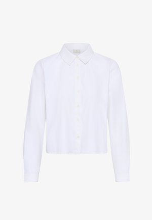 Witte lange mouwen blouse met knopen, klassieke kraag, rechte zoom en een effen voorkant op een witte achtergrond.