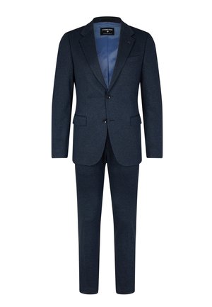Marineblauer Anzug mit strukturiertem Stoff, einreihigem Sakko, zwei Fronttaschen und passenden Hosen. Innenfutter in einem helleren Farbton.