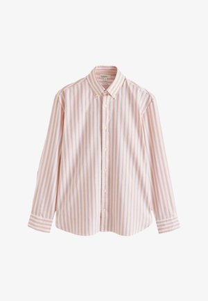 Camicietta da uomo con bottoni, maniche lunghe, con sottili righe verticali rosa, bianche e azzurro chiaro su sfondo chiaro.