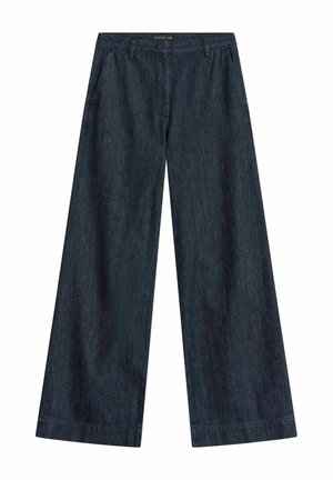 Donkerblauwe denimbroek met wijde pijpen, steekzakken en een verborgen voorzijde sluiting.
