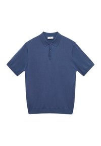 Polo shirt in dark blue knit fabric, short sleeves, classic collar, three-button placket, ribbed hem. No patterns or additional accents.