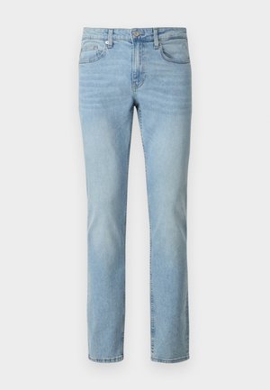 Helle blaue Jeans mit geradem Bein, klassische Fünf-Pocket-Design, Gürtelschlaufen und Reißverschluss.