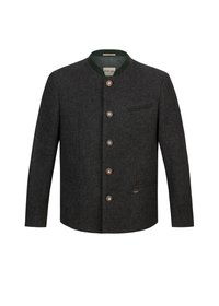 Dunkelgraue Wollmischungjacke mit rundem Ausschnitt, grünem Kragen, fünf braunen Knöpfen und einer Brusttasche mit grünem Akzent.