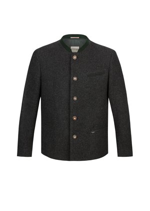 Dark gray wool blend jacket with a round neckline, green collar, five brown buttons, and a chest pocket with a green accent.