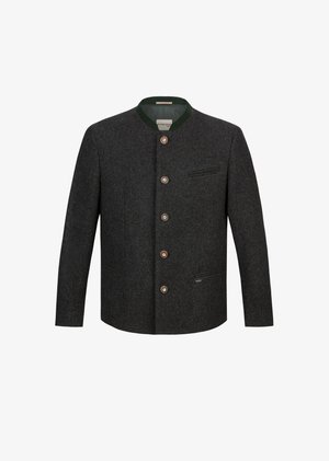 Dark gray wool blend jacket with a round neckline, green collar, five brown buttons, and a chest pocket with a green accent.