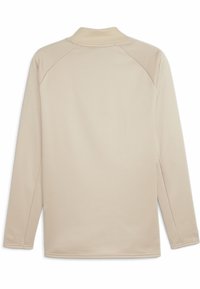 Chemise beige à manches longues en tissu lisse et léger avec un col et des manches raglan ; présente un design épuré et minimaliste.