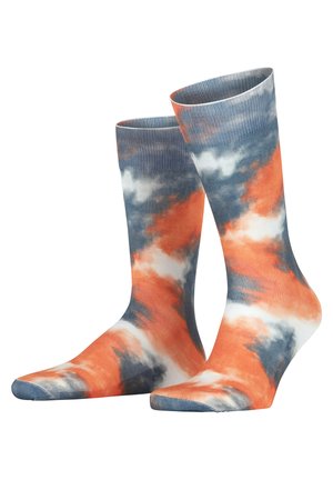 Cotton crew socks with a tie-dye pattern featuring orange, blue, and white colors. Ribbed cuff and smooth finish, suitable for casual wear.