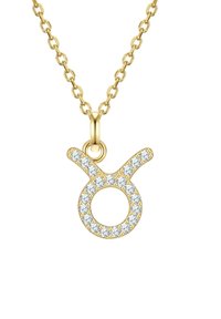 Ogrlica zlatne boje s privjeskom zodijaka Jarac ukrašenim prozirnim kristalima, kružnog oblika s dva uzdignuta roga i glatkom teksturom.