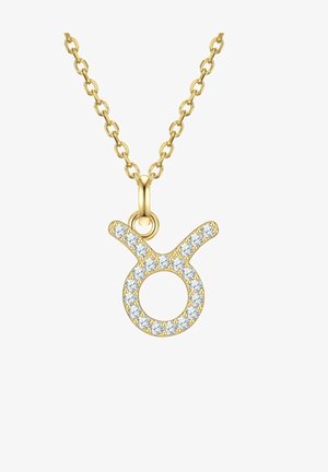 Zlatý náhrdelník s príveskom znamenia Býka zdobeným priehľadnými kryštálmi, v obľúku tvaru s dvoma hore vyčnievajúcimi rohmi a hladkým povrchom.