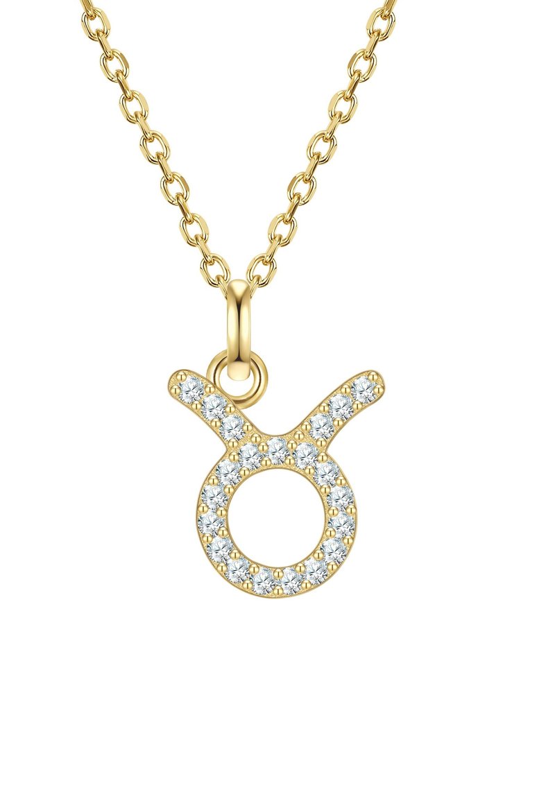 Ogrlica zlatne boje s privjeskom zodijaka Jarac ukrašenim prozirnim kristalima, kružnog oblika s dva uzdignuta roga i glatkom teksturom.