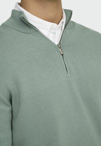 Lichtgroene ritstrui met een getextureerd breipatroon. Heeft een hoge kraag en een zilveren rits, gedragen over een wit shirt.