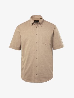 Kortekovige, met kraag, shirt in lichtbeige stof, met een knoopsluiting aan de voorkant en een enkele borstzak. Gladde textuur, casual ontwerp.