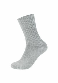 Calzino grigio a coste realizzato in tessuto testurizzato, con suola imbottita e polsino elasticizzato a coste per una vestibilità sicura.