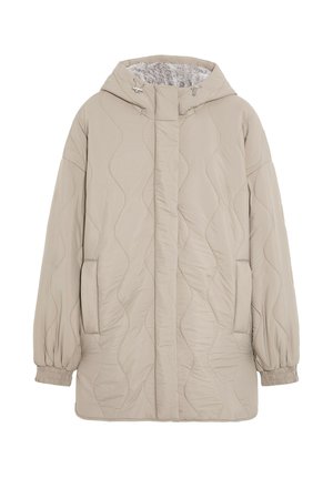 Beige gesteppte Jacke mit Kapuze, wavy Naht, elastischen Bündchen und seitlichen Taschen. Weiche Innenauskleidung für zusätzliche Wärme.
