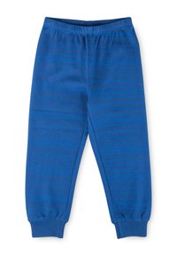 Pantaloni della tuta blu per bambini con sottili strisce orizzontali ondulate, cintura elastica e polsini a coste alle caviglie su uno sfondo bianco.