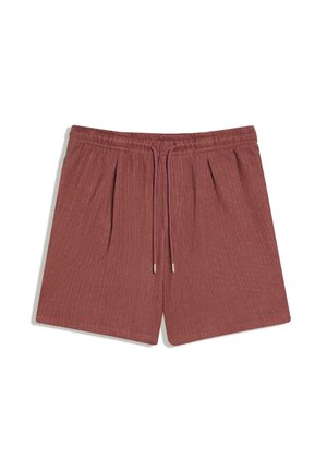Riflové šortky v hrdzavej farbe s elastickým pásom a stredovým šnúrkou, s jemnými prednými záhybmi a voľným strihom.