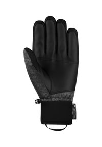 Schwarze wasserdichte Handschuhe mit einem strukturierten grauen Stoffrücken. Verfügt über separate Fingerfächer, ein elastisches Handgelenk und einen verstellbaren Riemen.