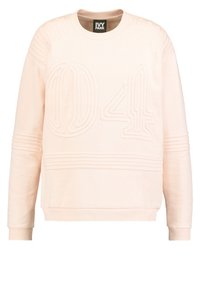 Světle růžová mikina vyrobená z měkkého materiálu, s texturovaným designem "04", vroubkovanými manžetami a kleslými rameny pro uvolněný střih.