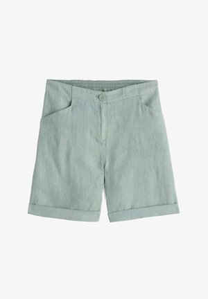 Jasnozielone lniane szorty z podwiniętym dołem, kieszeniami z przodu i pojedynczym zapięciem na guzik w pasie. Gładka struktura, luźny krój.