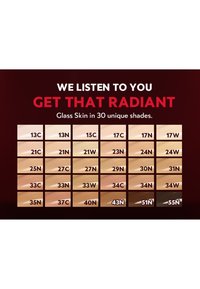 Collection of 30 foundation shades displayed in a grid format, featuring varying tones labeled with numbers and letters to indicate undertones.