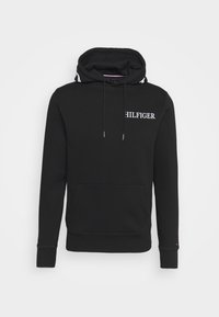 Czarna bluza z kapturem z przednią kieszenią, z białym haftem "HILFIGER". Wykonana z miękkiego materiału z ściągaczami przy mankietach i dolnym brzegu.