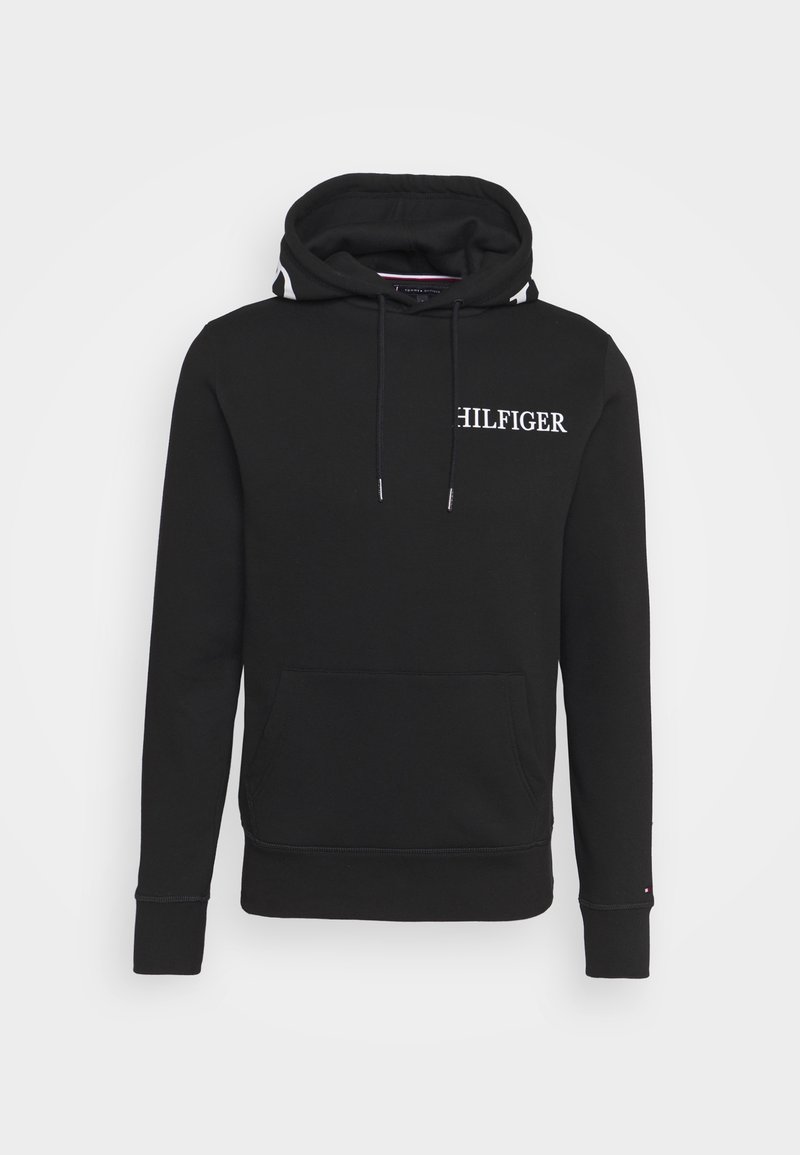 Czarna bluza z kapturem z przednią kieszenią, z białym haftem "HILFIGER". Wykonana z miękkiego materiału z ściągaczami przy mankietach i dolnym brzegu.