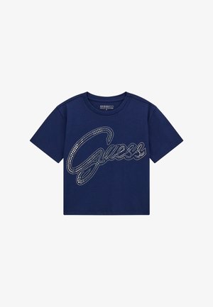 Navyblaue Baumwoll-T-Shirt mit einem großen, funkelnden silbernen Strasslogo auf der Vorderseite, Rundhalsausschnitt und kurzen Ärmeln.