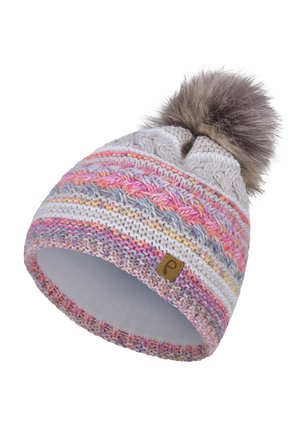 Faera, BOMMELMÜTZE GESTREIFT MIT KUNSTFELL-BOMMEL UND FLEECE INNENFUTTER - Beanie - rosa