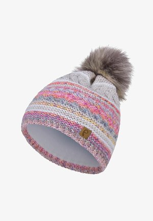Faera, BOMMELMÜTZE GESTREIFT MIT KUNSTFELL-BOMMEL UND FLEECE INNENFUTTER - Beanie - rosa
