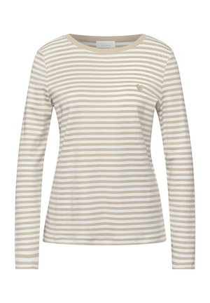 Langarmshirt met beige en witte horizontale strepen, ronde halslijn en een klein beige hartje geborduurd op de linkerborst.